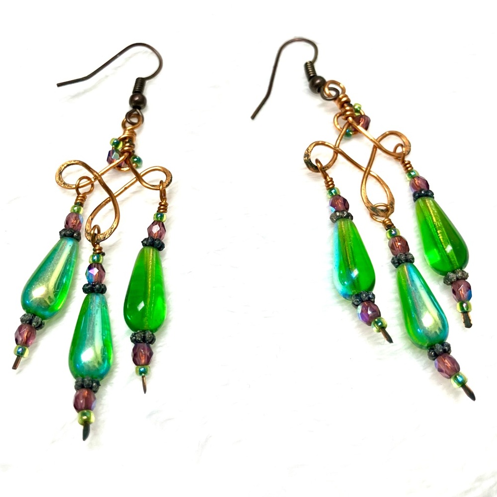 Copper Wire Wrapped Vibrant Green and Gold Dangle Chandelier Drop Earrings